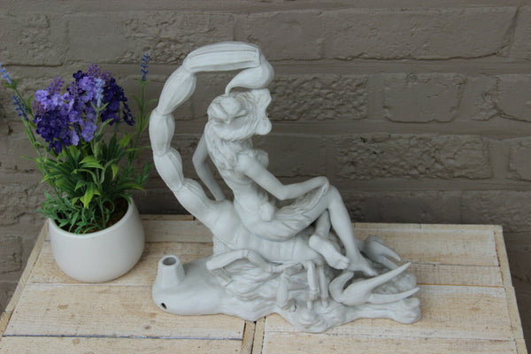 Antique French bisque porcelain large group statue lady scorpion animal