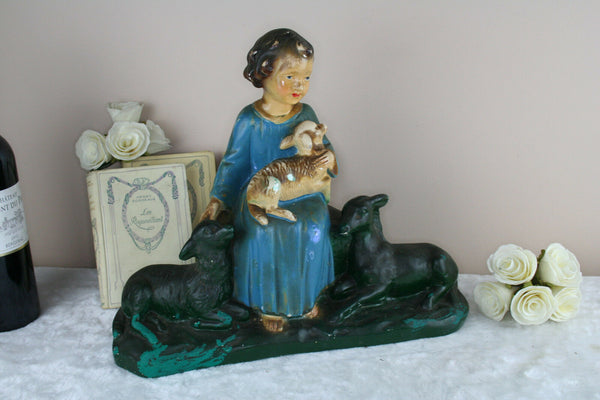 Antique French chalkware religious Lamb girl signed arnova statue sculpture