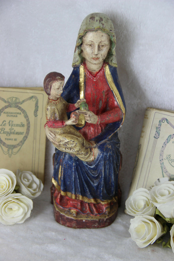 old European wood carved polychrome Madonna statue religious 1940's