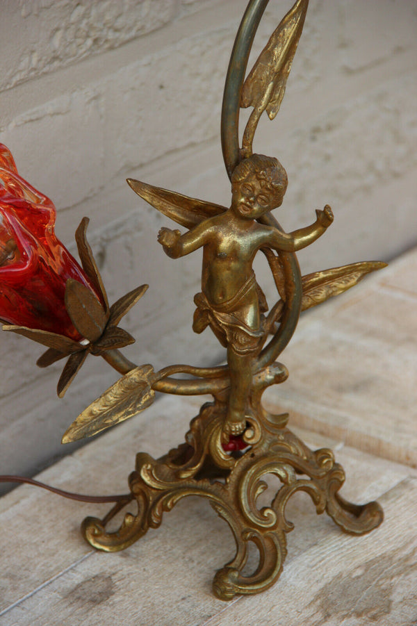 French Vintage bronze putti table lamp red Murano glass shades