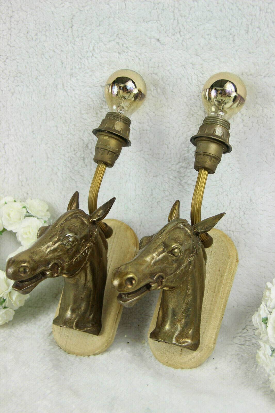 PAIR antique Bronze horse head sconces wall lights equestrian by Sylvain NORGA