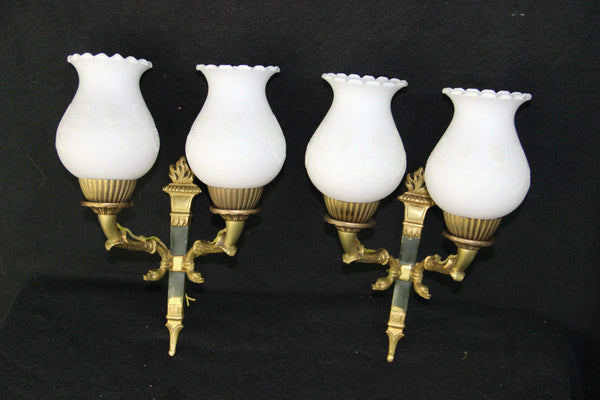 PAIR French Empire white louis XV glass shades Bronze swan wall lights sconces