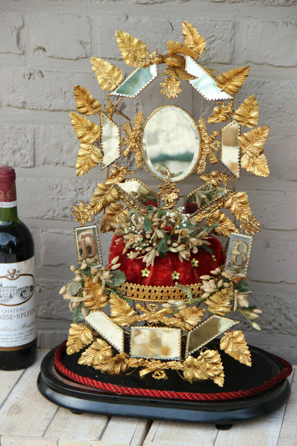 Antique Victorian Bridal wedding dome Globe Glass with tiara wax initials