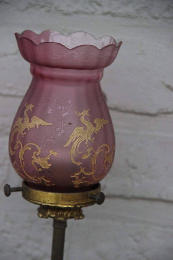 Gorgeous French Spelter bronze putti lamp glass dragon etched pink shade rare