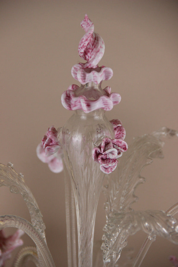 Rare Murano Venetian italian hand blown Girandole Lamp 3 arms pink clear glass
