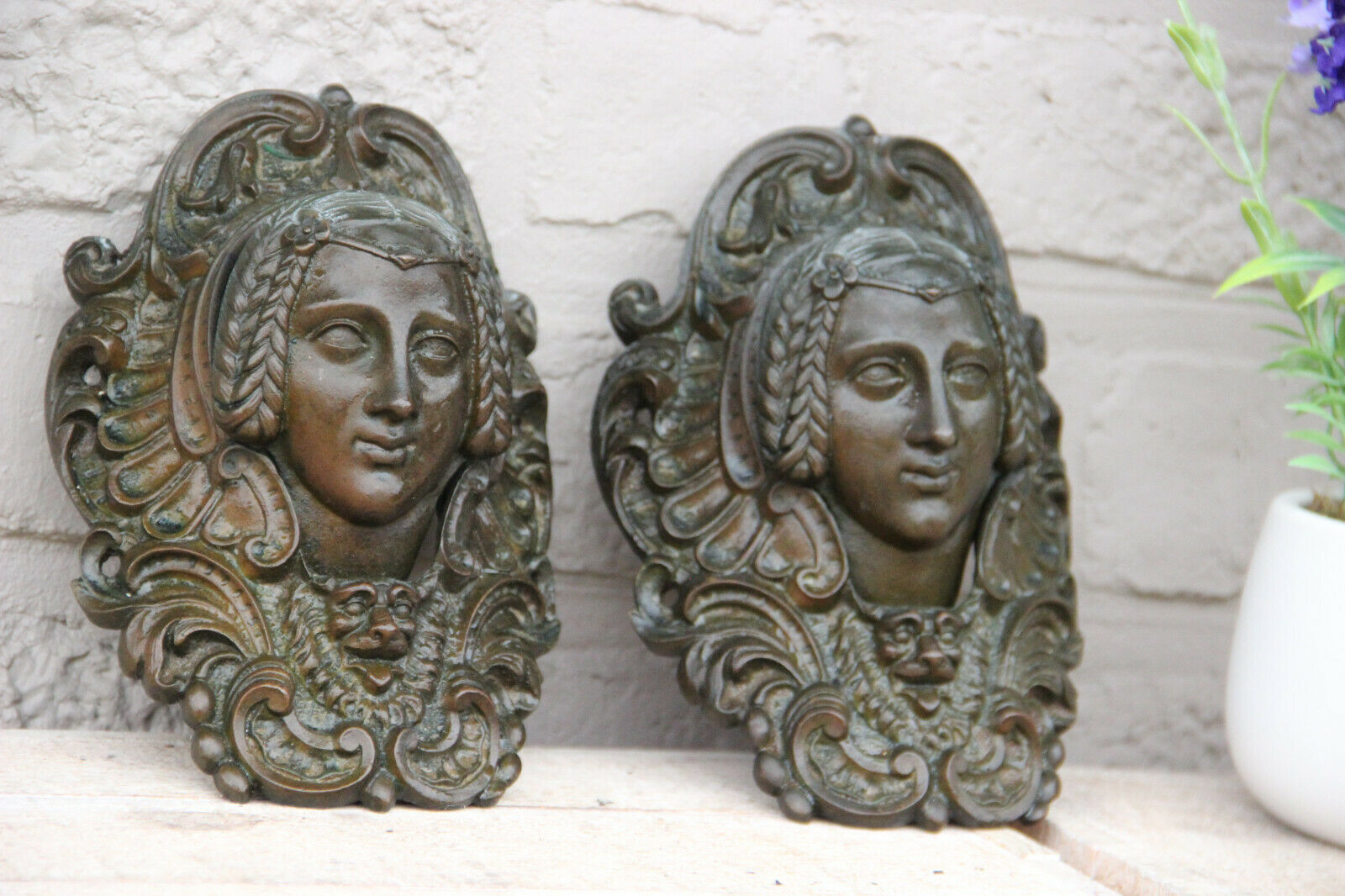 Antique PAIR bronze French  19thc Billiard pocket holder Caryatid portrait putti