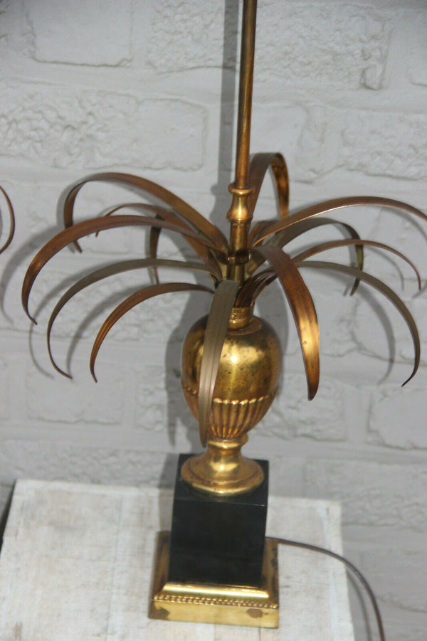 PAIR hollywood regency MAison Jansen Brass palm  leafs table lamps 1970