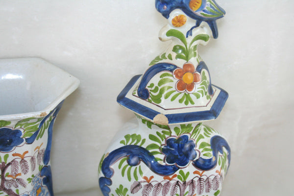Antique 19thc  Set Delft pottery  Holland Polychrome Bird Vases set marked