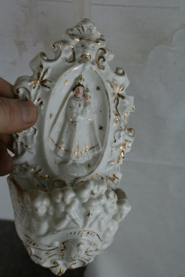 Antique french Vieux old paris Madonna holy water font Gold linings gorgeous