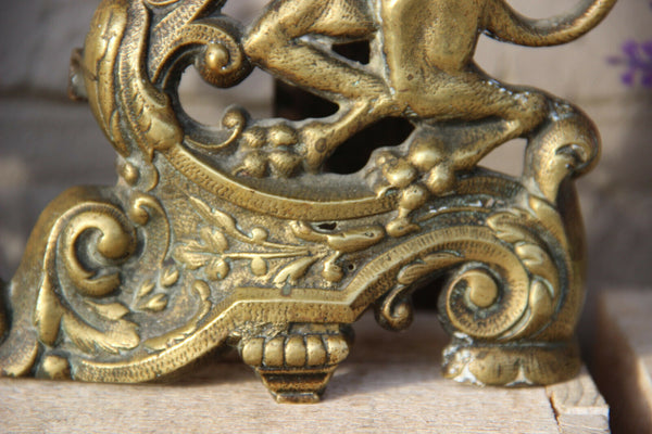 Antique French Bronze fireplace andirons firedogs royal lion kings castle