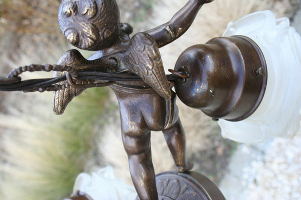 French 1950 spelter brass Angels putti cherubs chandelier candleholder 3 arms