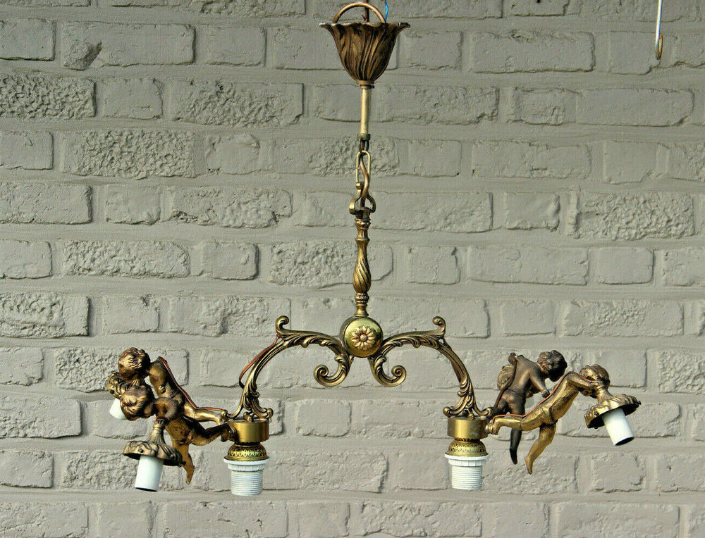 Unusual rare French bronze antique 4 putti angels Chandelier lamp