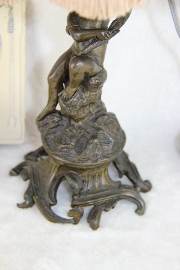 French putti cherub Spelter bronze table desk lamp 1960's with shade
