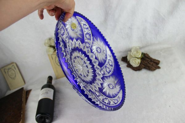 HUGE 1960 hand cut Bohemian Top crystal glass cobalt blue Fruit tray plate