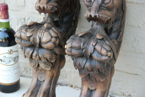 XXL Antique  PAIR oak wood carved hunting table dragon gothic legs figurines n1