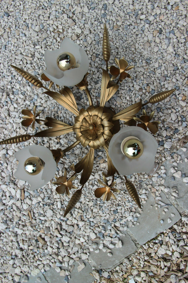 Hollywood regency mid century metal gold gilt chandelier flush mount attr jansen