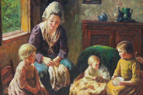 Stunning Flemish family interior oil canvas vintage painting 1970s