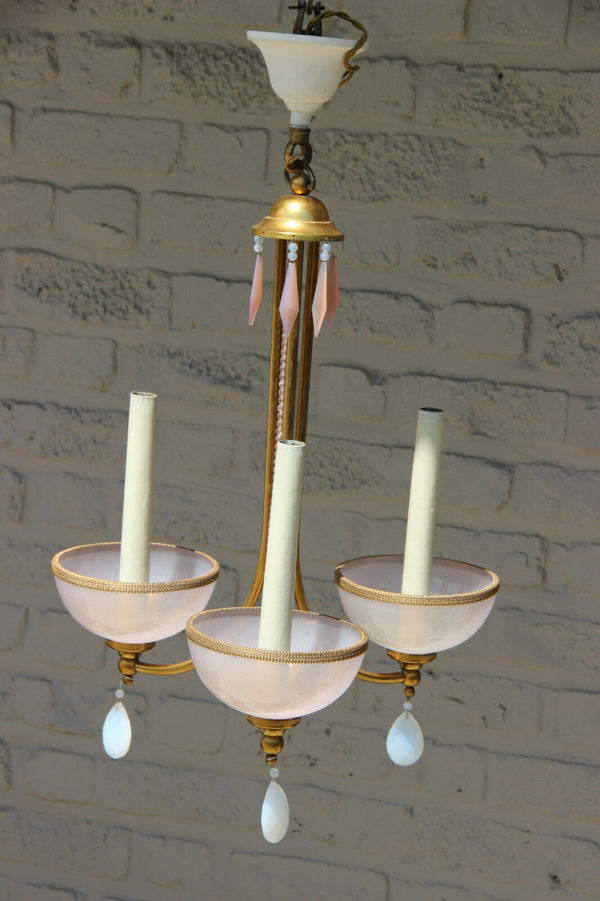 Vintage Murano opaline soft pastel pink white glass drops chandelier pendant 70s