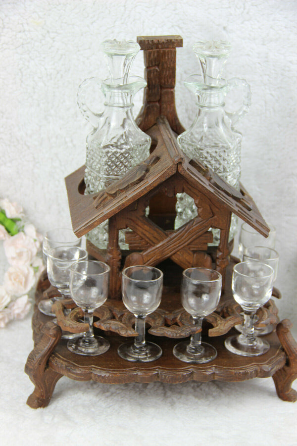 Antique BLACK Forest wood carved bar  cave cabinet swiss caraf shot glass