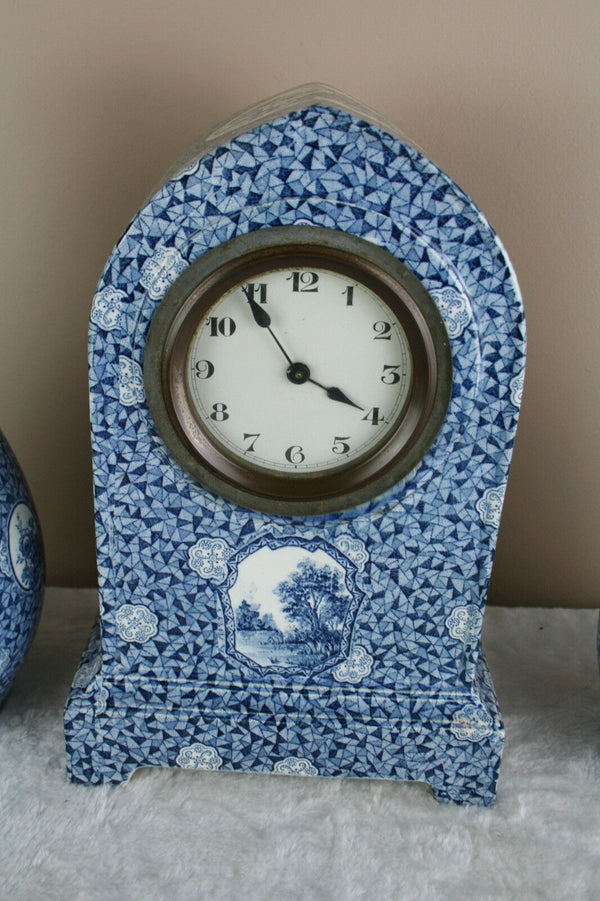 Boch Pottery Clock set Vases Forest Blue white delft decor 1925 marked