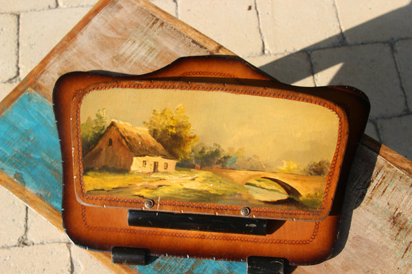 French antique wood wall letter holder hand paint landscape house painting 1920