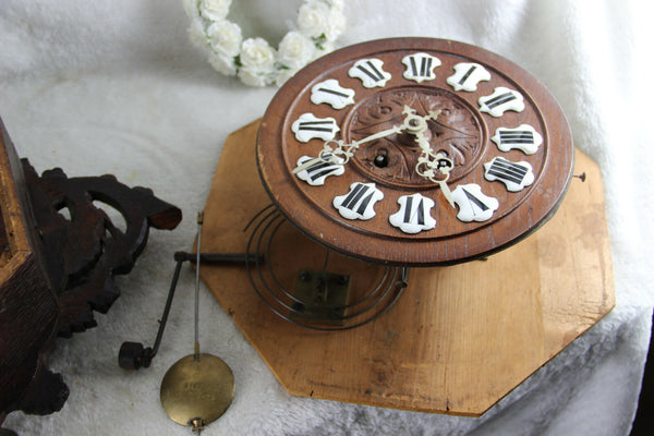 Antique XIX German black forest Wood carved Birds hunting wall clock