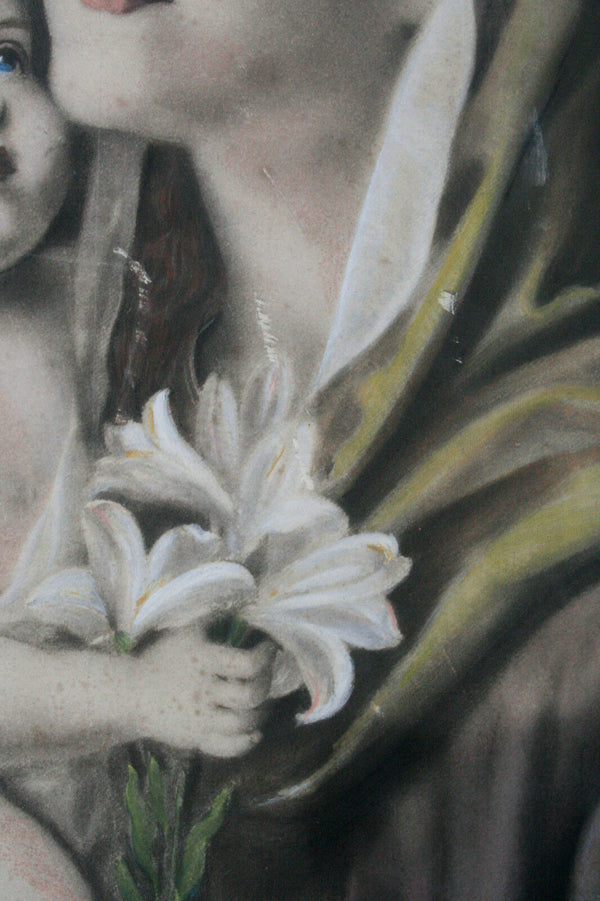 Antique Religious 19thc PASTEL Madonna with child Italian school painting oval