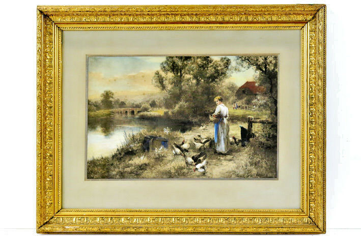 Ernest Walbourn engraving gouache painting mixed signed feeding chicken lady