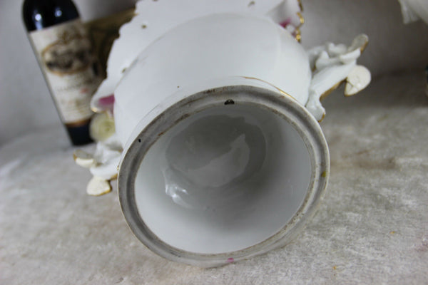 Pair large French antique 1900 Vieux paris porcelain Cornet Vases floral swans