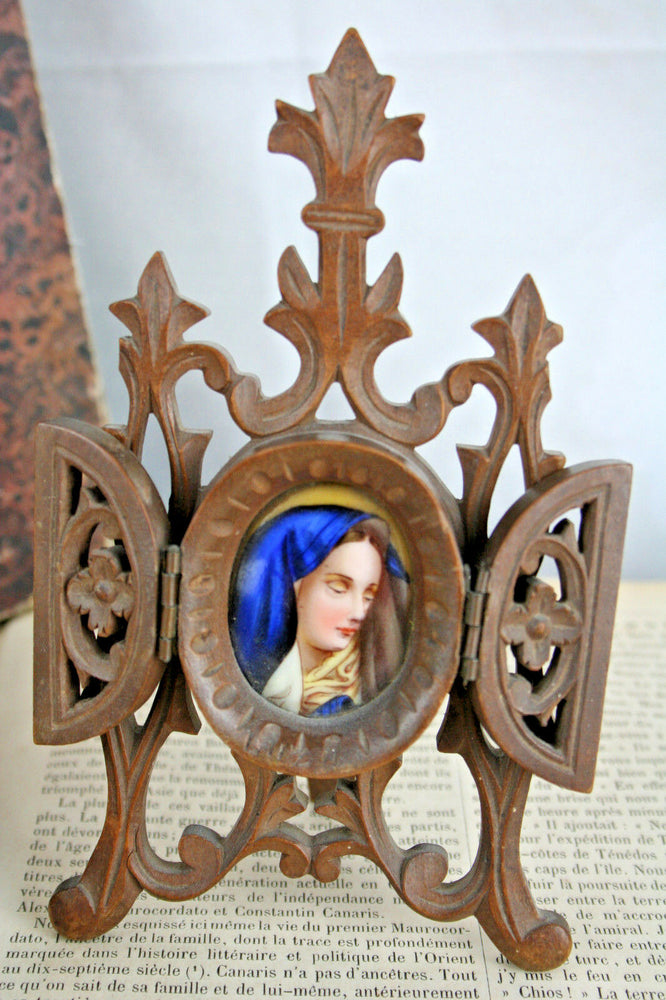 Gorgeous Oil on porcelain plaque in wood carved standing Frame France 1930