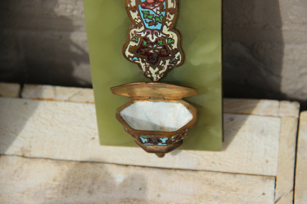Antique religious Cloisonne enamel onyx marble holy water font crucifix