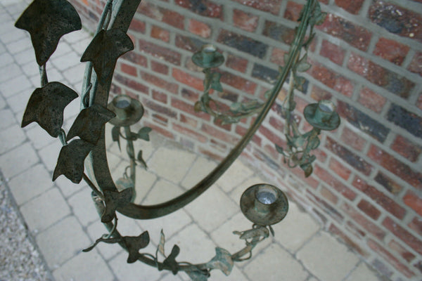 French antique 1930 Metal leaves art nouveau glass mirror with candle holders