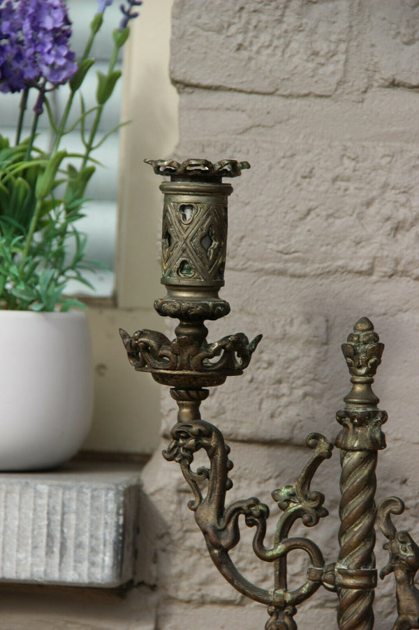 PAIR antique French bronze castle dragon rare candle holder neo gothic