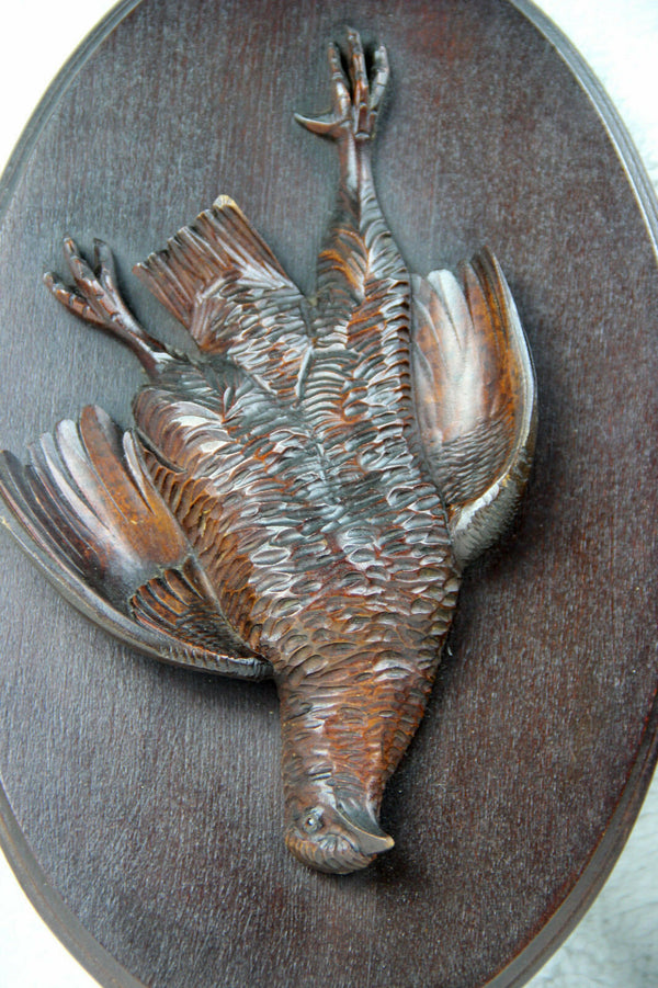 PAIR black forest German wood carved hunting trophy wall panel plaque fox bird