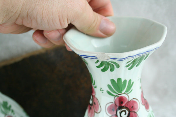 Antique pair Delft pottery VASES set polychrome coloured marked
