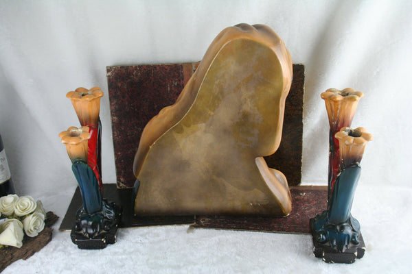 French antique 1930 Chalkware buste + candle holders madonna mary polychrome