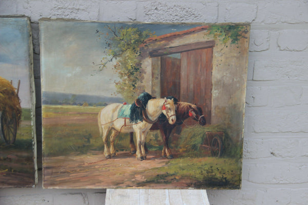 PAIR antique oil canvas painting horses equestrian signed E Fromentin 19thc