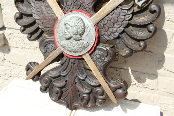 Vintage French Medieval castle Shield armor knight wood patina double eagle 1970