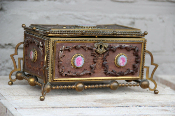 Vintage French Wood carved brass box knight medaillons plaques