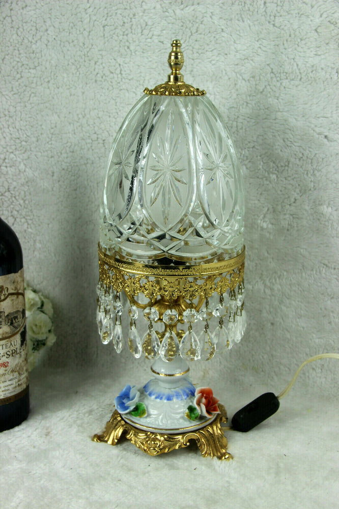 Vintage French crystal glass cut lamp porcelain flowers lamp
