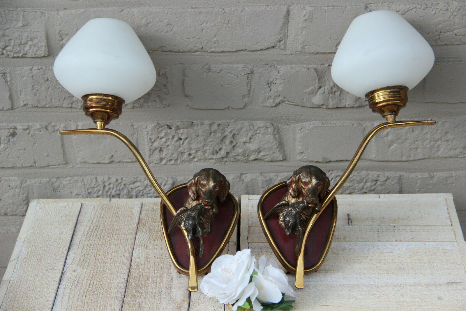 RAre PAIR French Maison Charles Wall lights sconces bronze hunting dog prey