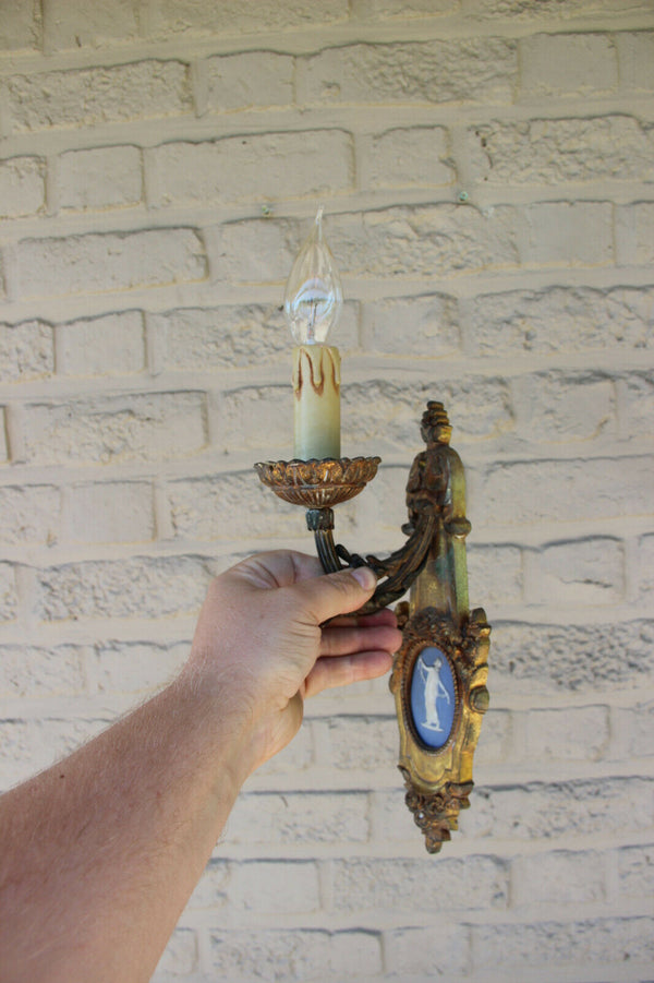 PAIR antique french bronze wegdwood porcelain plaque sconces wall lights