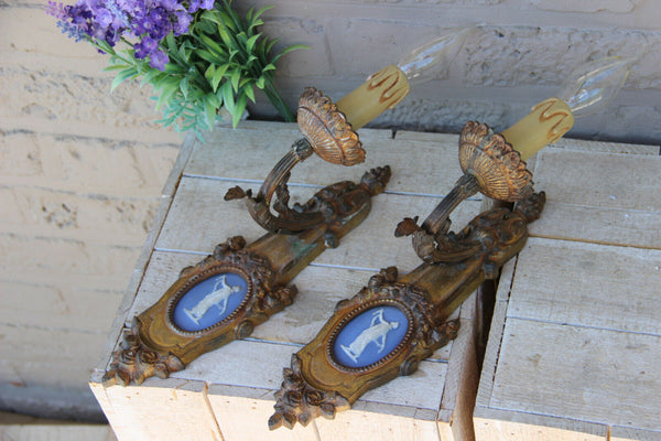 PAIR antique french bronze wegdwood porcelain plaque sconces wall lights