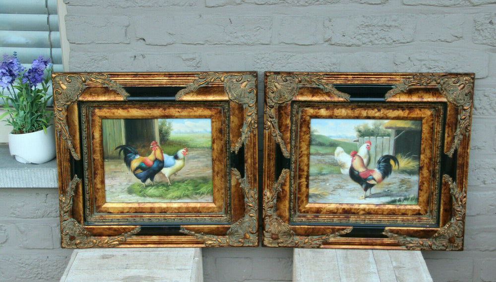 PAIR French vintage OIL panel Chicken rooster animal painting matching
