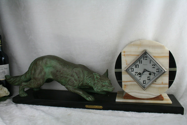 XXL ART DECO 1937 French Fox spelter bronze marked clock marble base rare