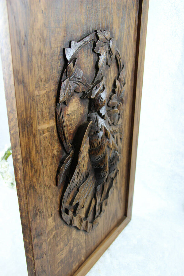 OLD german black forest oak wood carved wall plaque hunt bird panel