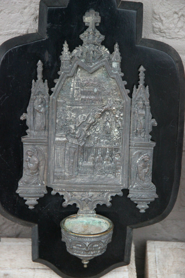 Large Antique neo gothic religious holy water font saints madonna on wood plaque