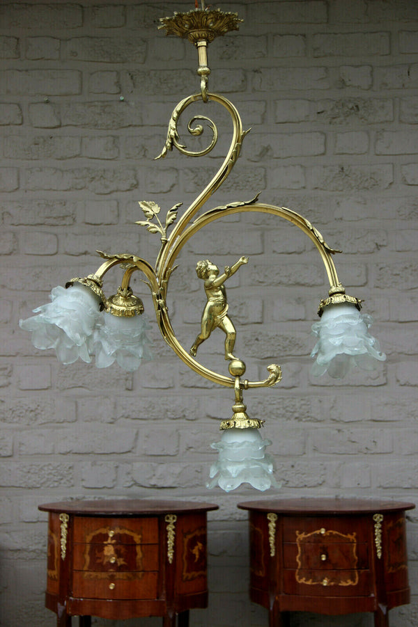 Gorgeous French bronze putti angel 4 arm chandelier pendant lamp shades n2