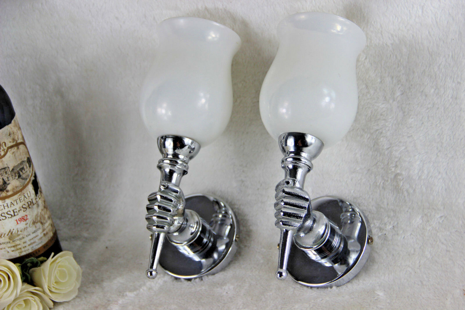 PAIR mid century 1970 Chrome Hand wall lights sconces opaline glass attr jansen