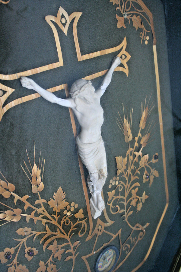 Antique 19th religious Crucifix framed with relic religious